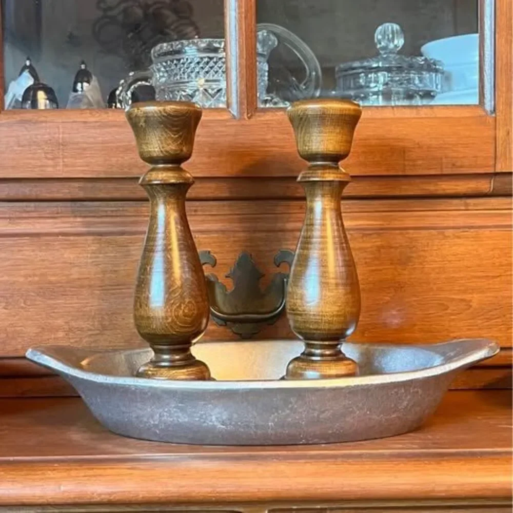 Vintage Mid-Century Hand-Turned Wood Taper Candlestick Holders - Pair